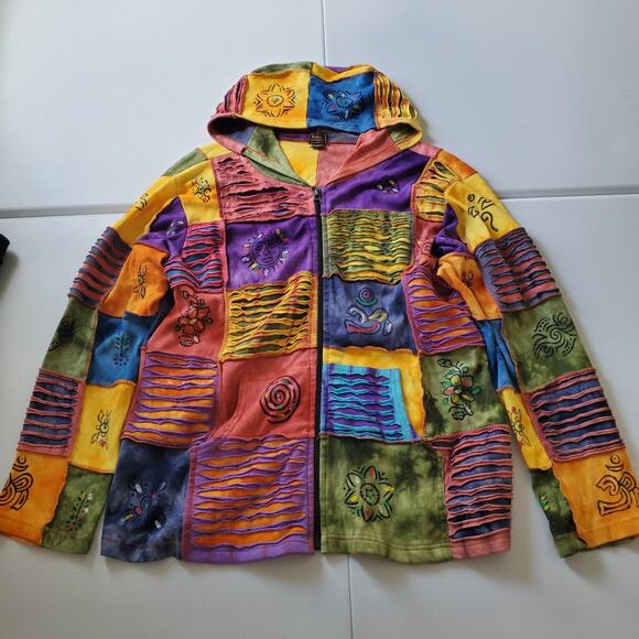 Rising International Jacket Womens 3X Multicolor Patchwork Hooded Boho Hippie - Picture 1 of 6
